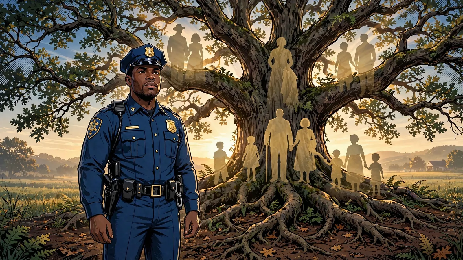 The Tether Patrol officer standing before a great oak tree