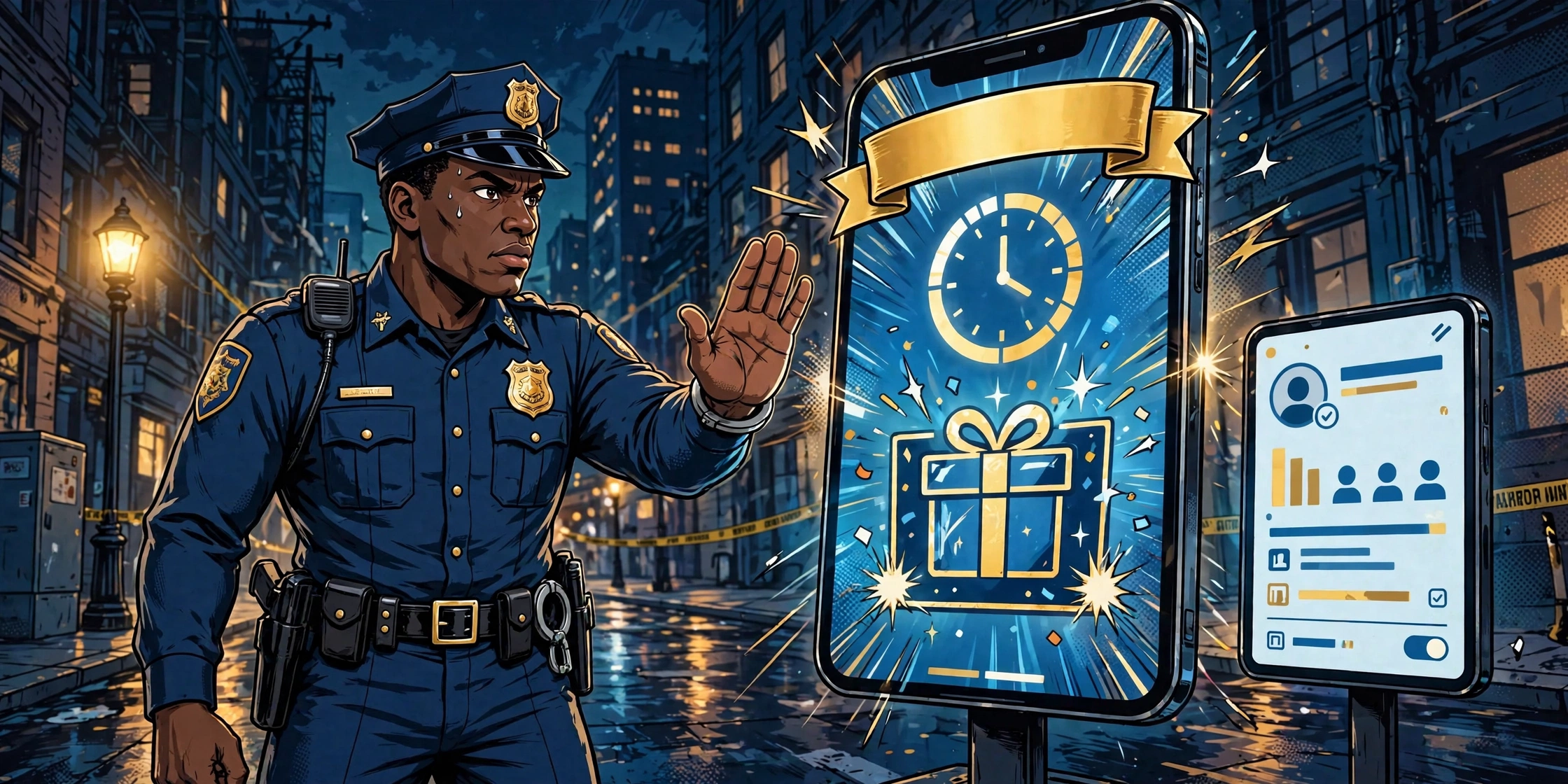 How to spot a fake giveaway scam — the Tether Patrol officer holding up a stop hand before a phone showing a prize gift and a claim countdown