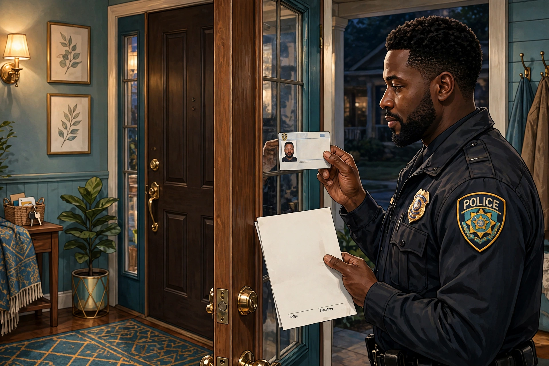 How to verify an ICE officer is real — the Tether Patrol officer holding photo credentials and a warrant up to a door window for inspection
