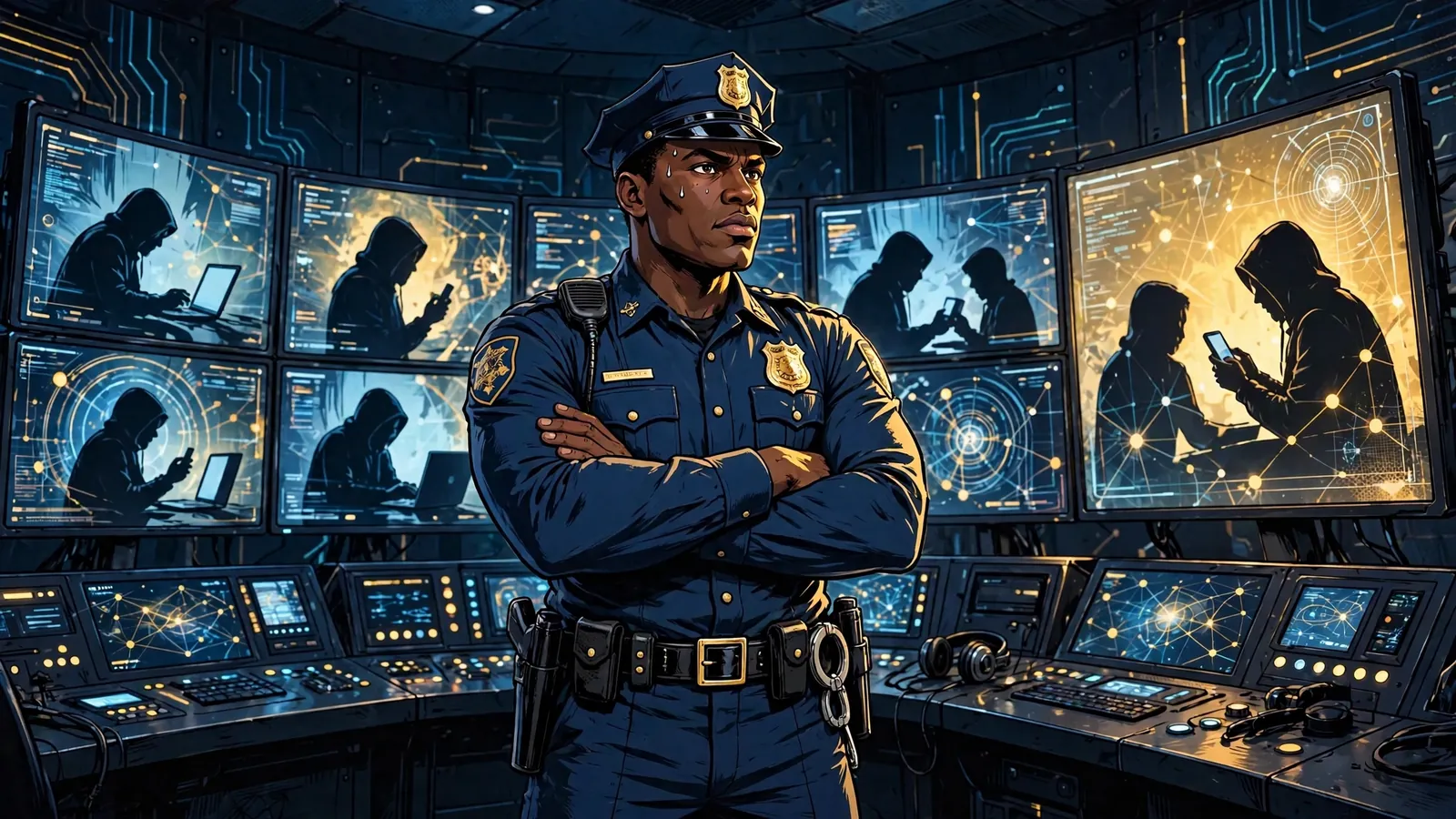 Tether Patrol standing watch over a wall of monitors